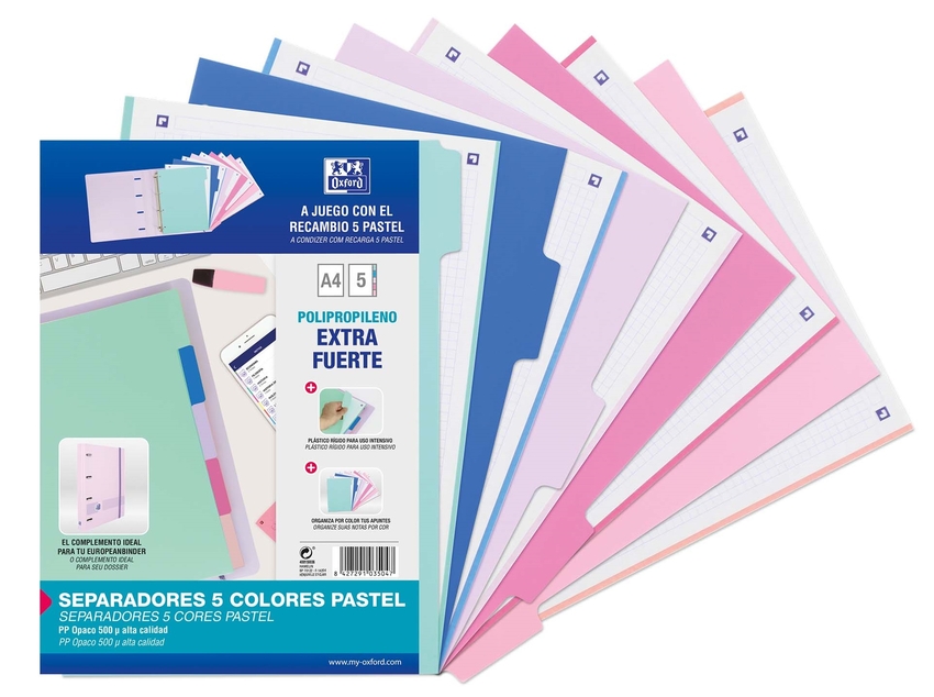 CONJ. SEPARADOR A4 MULTITALADRO 5 PESTANAS PP 500 M PASTEL