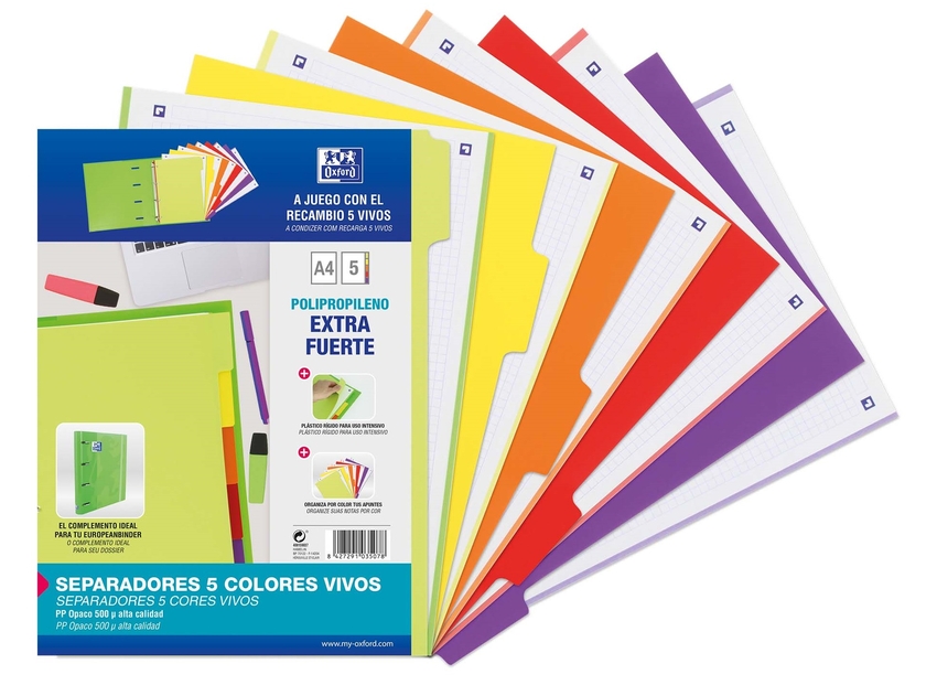 CONJ. SEPARADOR A4 MULTITALADRO 5 PESTANAS PP 500 M VIVOS