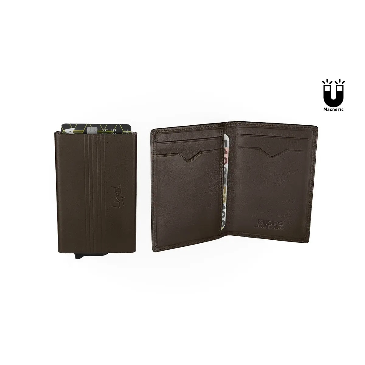 PORTA-CARTOES MET.ANTI-RFID E CARTEIRA EM PELE CASTANHO