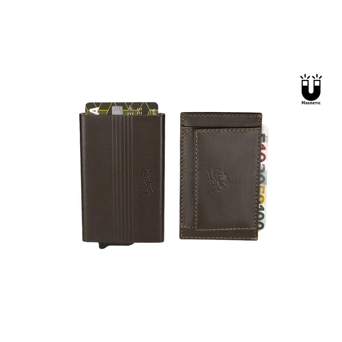 PORTA-CARTOES MET.ANTI-RFID E PORTA MOEDAS EM PELE CASTANHO