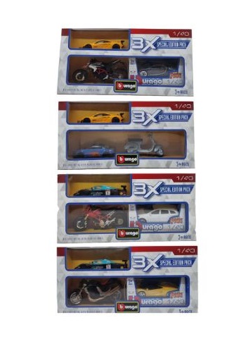 BURAGO PACK 1 MOTO 1:18 + 2 CARROS 1:43 – 12201